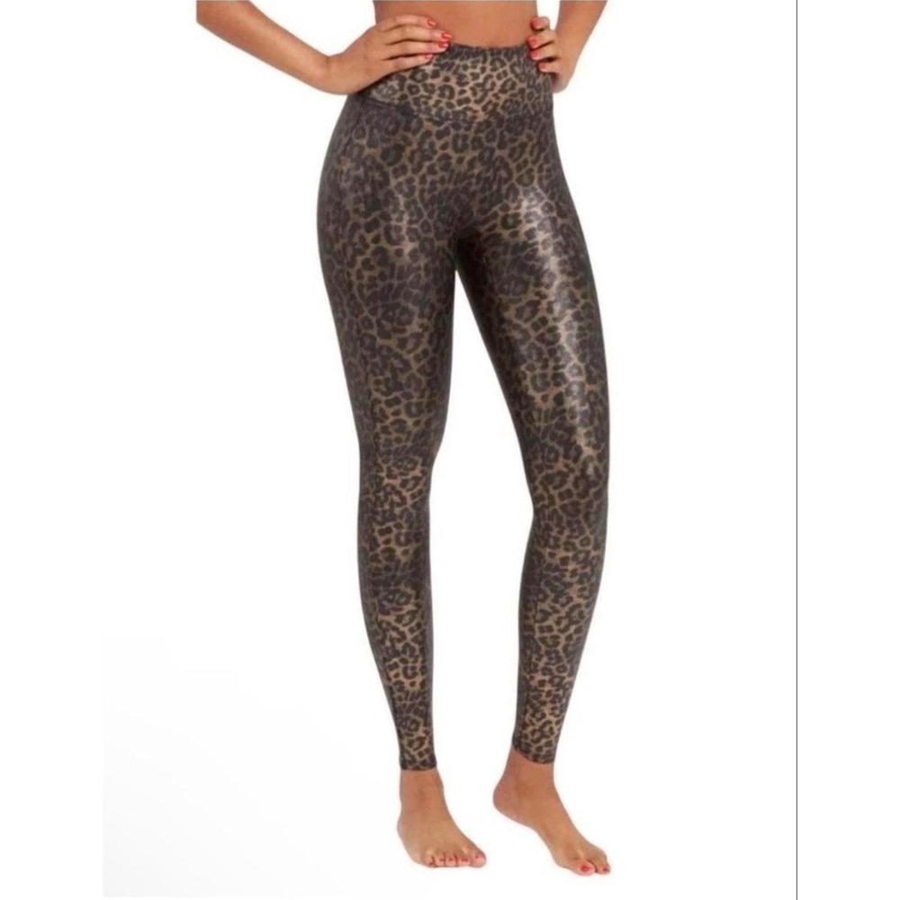 Spanx Faux Leather Leopard Shine Leggings Mocha Brown Black Medium Petite